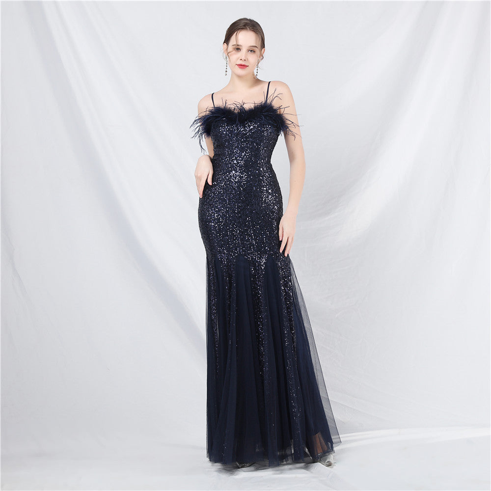 Craft Order Ostrich Feather Mesh Sequined Long Evening Dress purplish blue