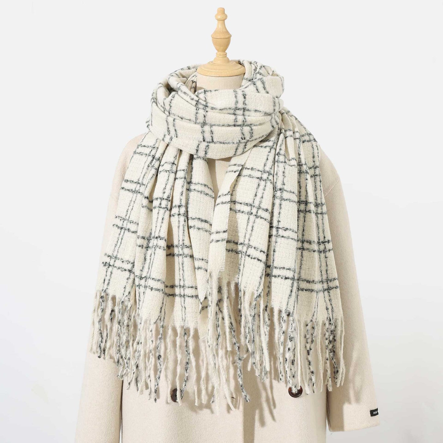 Women Color Matching Plaid Scarf Warm Thickened Winter All Matching Atmosphere Scarf One Size White