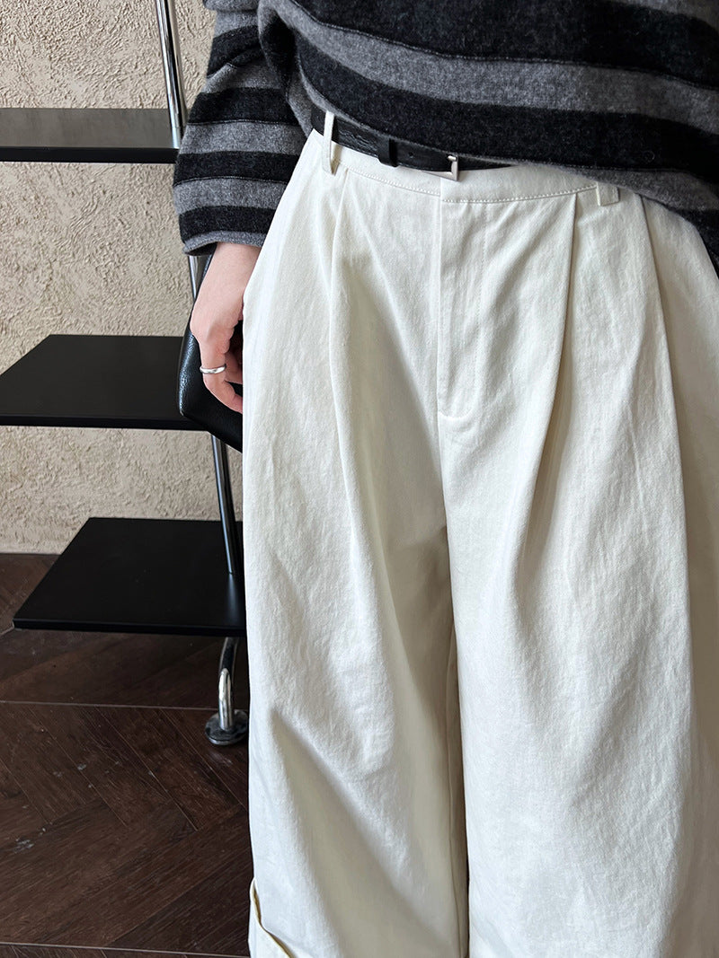 Korean Wide Leg Pants Women Autumn Cotton High Waist All Matching Slimming Straight Pants Casual Long Pants Ivory