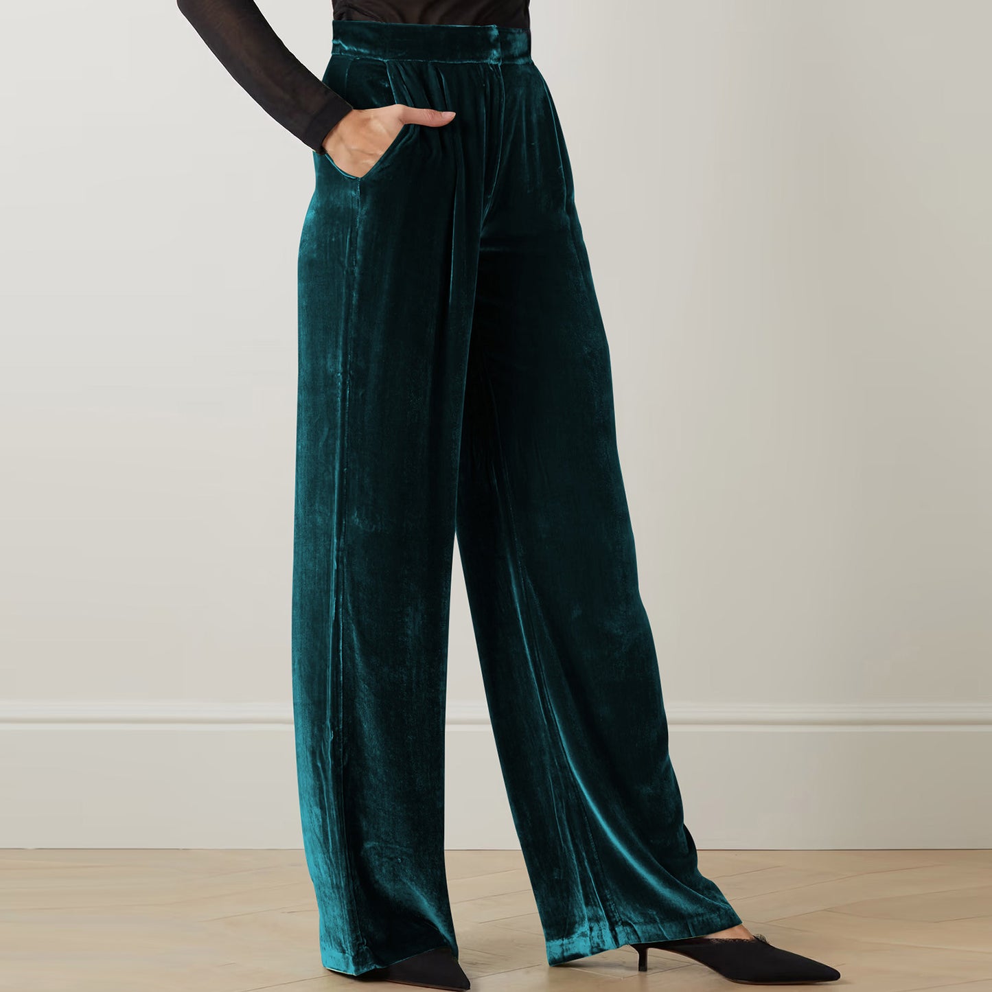 French Office Trousers Women Clothing Summer Gold Velvet Drooping Wide Leg Pants Loose Casual Pants for Women M Dark Green