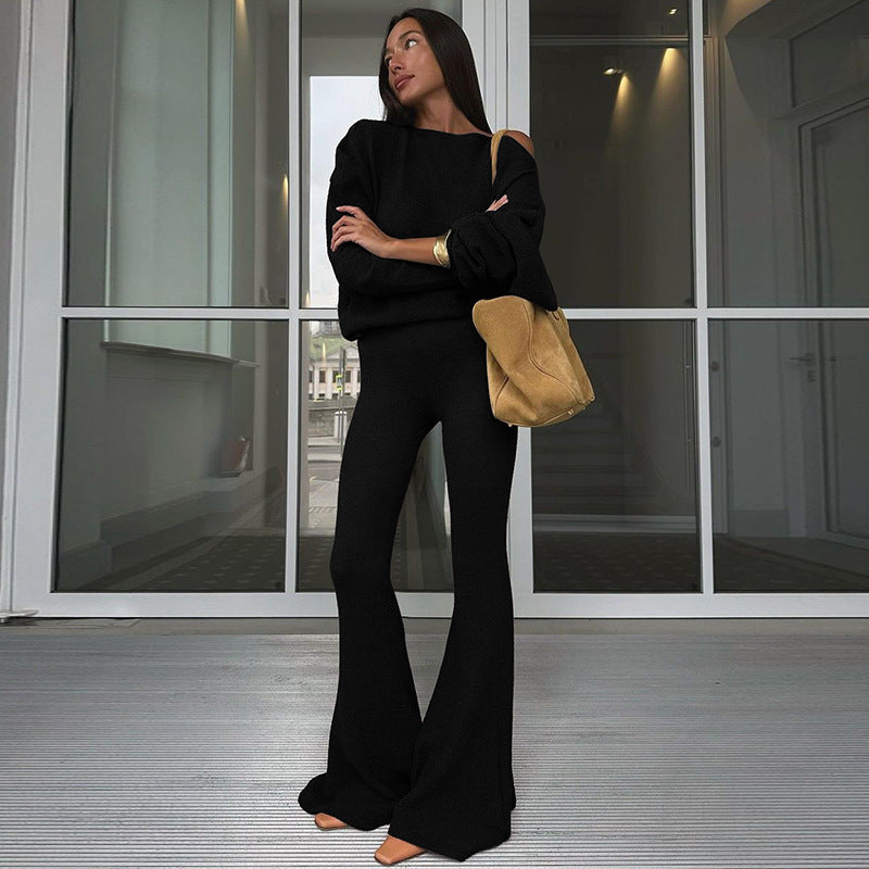 Women lothing Autumn Oblique Shoulder Long Sleeve Top High Waisted Boot Cut Pants Casual Set Black