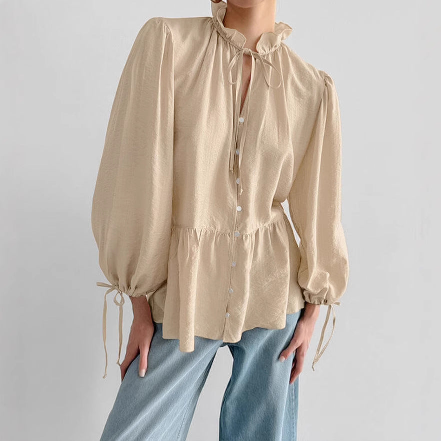 Wrinkle Loose Small Stand Collar Puff Sleeve Women Shirt Autumn Winter Top Khaki