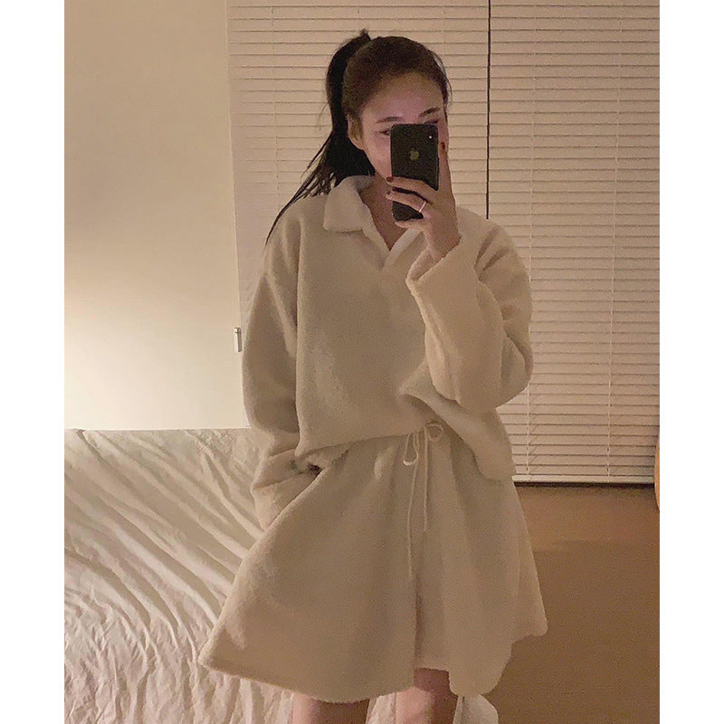 Coral Fleece Home Wear Women Autumn Winter South Korea Long Sleeve Shorts Outer Wear Lamb Fur Pajamas