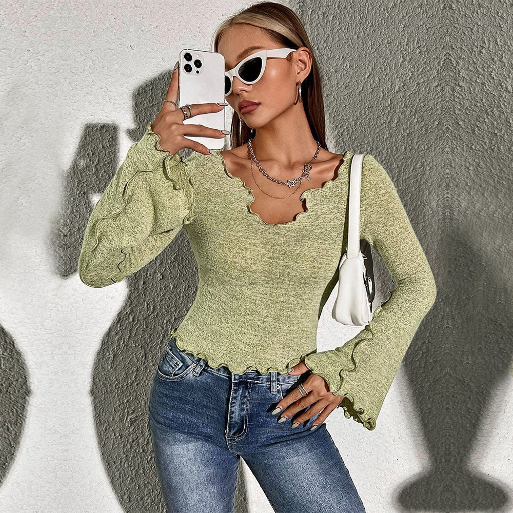 Women Clothing Trendy Elegant T Shirt Autumn Winter Edging Design Short Bell Sleeve Top