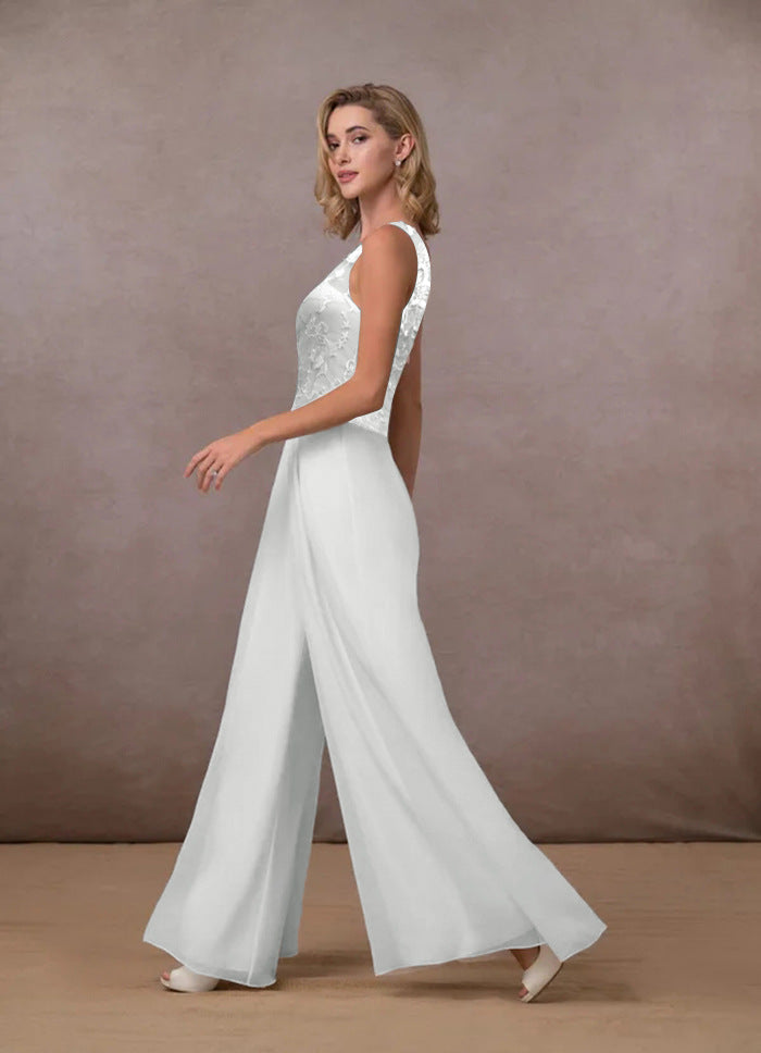 Jumpsuit Lace Chiffon Jumpsuit V neck Mid Waist White Trousers Wide Leg Pants