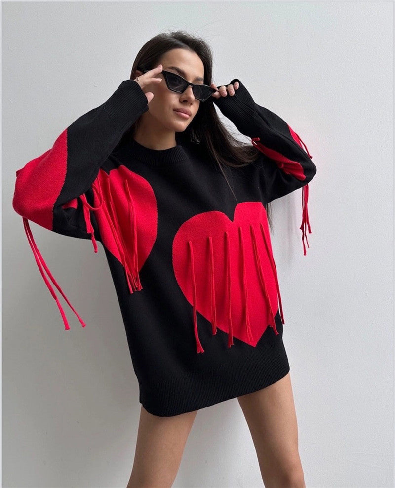 Love Tassel Autumn Winter Sweater Women round Neck Pullover Top Sweater Black