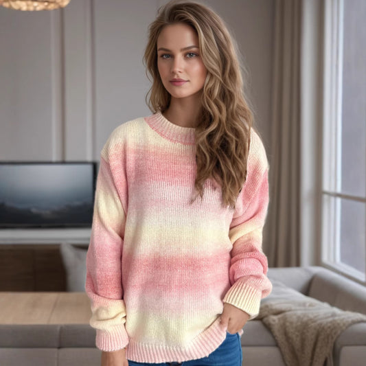 Autumn Winter Gradient Contrast Knitted Women Sweater Crew Neck Casual Loose Long Sleeve Pullover