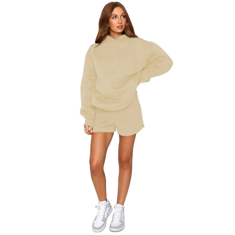 Autumn Winter Solid Color Hooded Pullover Long Sleeve Sweaters Women Clothing Shorts Suit Apricot