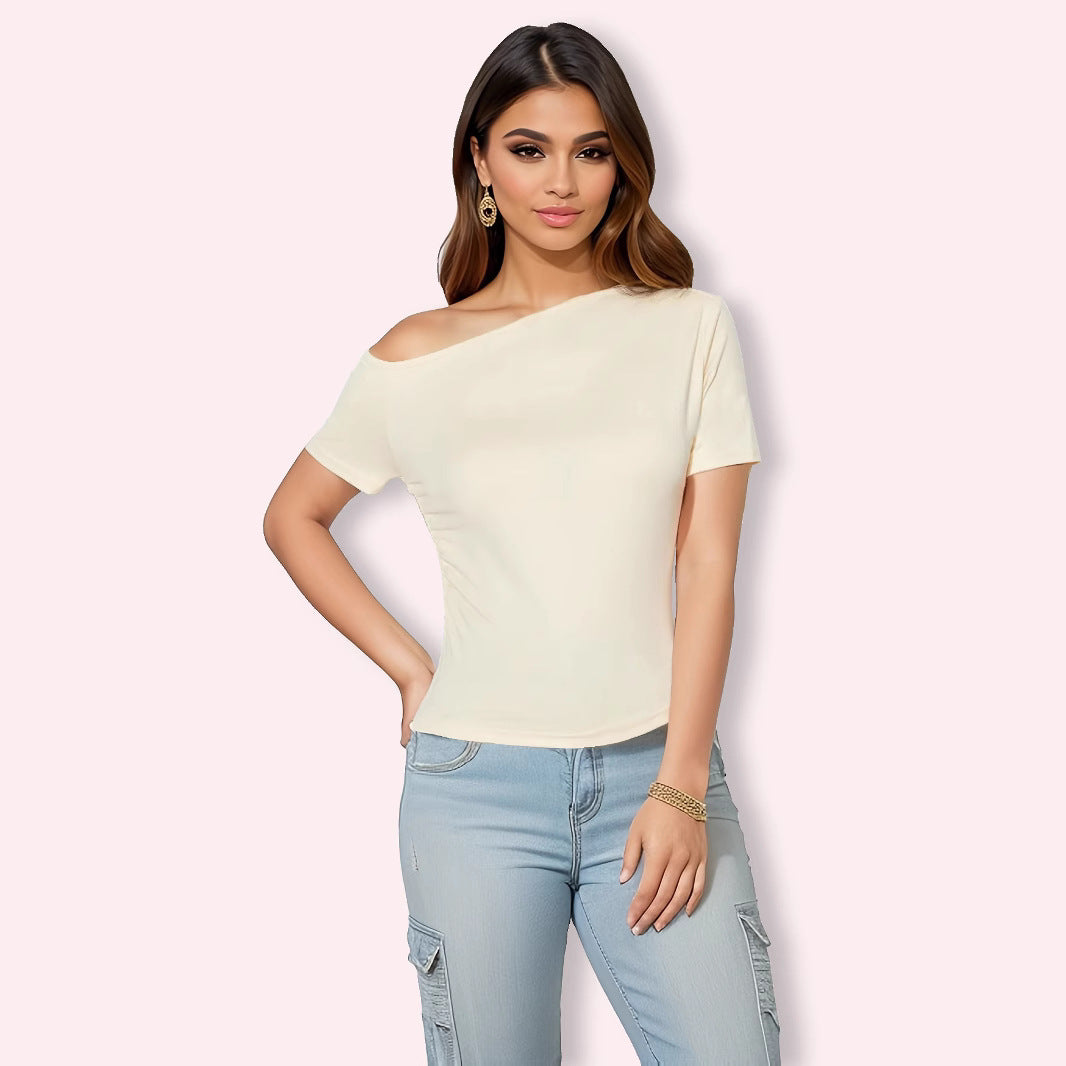 Arrival Solid Color Women Diagonal Collar Sexy Slim off Shoulder Top