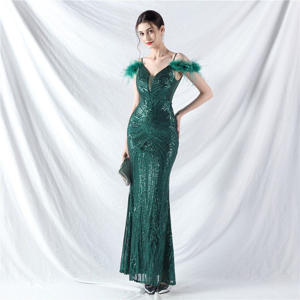 Dress Craft Order Ostrich Feather Positioning Floral Sequin Evening Dress