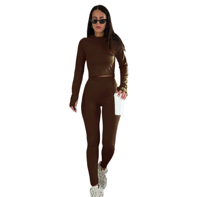 Spring Autumn Solid Color High Elastic Thread Round Neck Long Sleeve Women Skinny Tappered Pants Suit Coffee