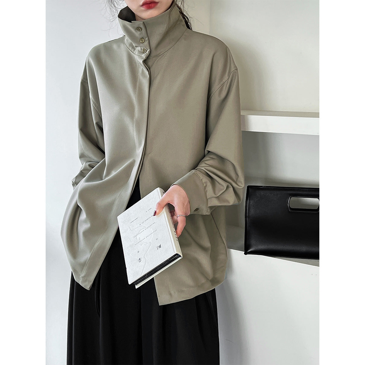 Autumn French Stand Collar Design Lazy Drape Profile Simple Elegant Long Sleeve Blouse Women