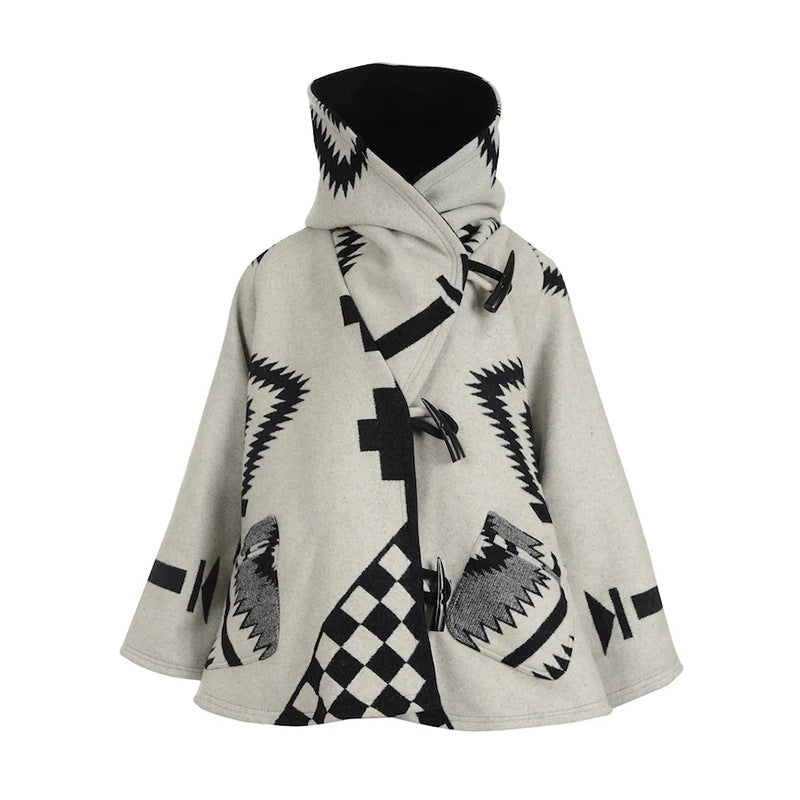 Spring Women Clothing Long Sleeve Hooded Jacket Printed Woolen Coat