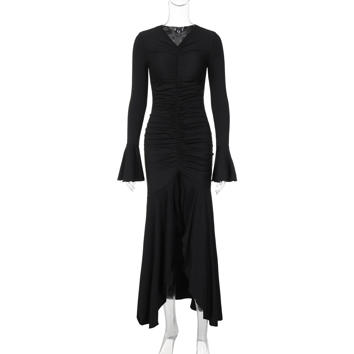 Women Clothing Autumn V Neck Pleated Slim Fit Flared Sleeves Maxi Dress Women Black