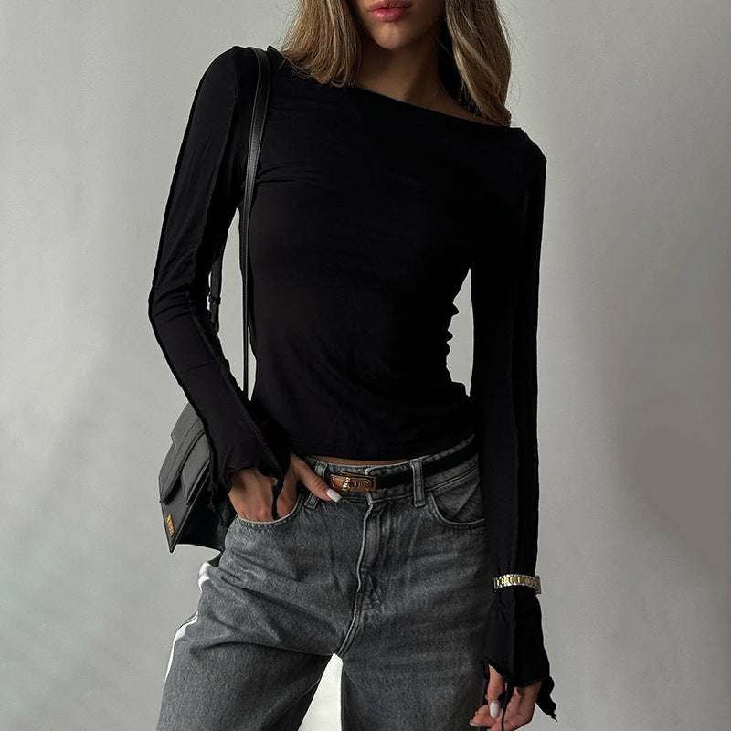 Round Neck Solid Color Slim Fit Slimming Irregular Asymmetric Long Sleeve T shirt Bottoming Shirt