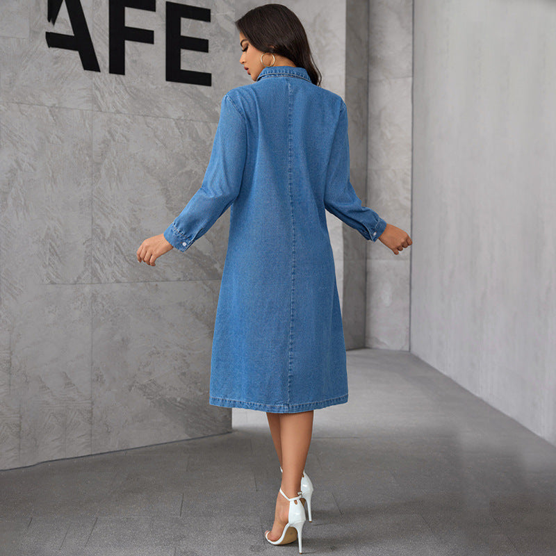 Chinese Stand Collar Women Clothing Elegant Graceful Retro Long Sleeve Denim Midi Dress Dress Women