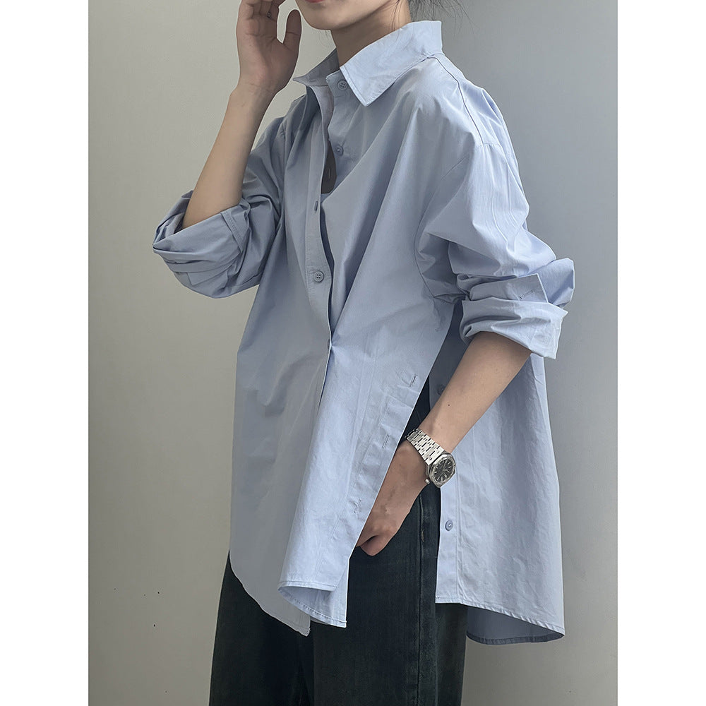 Irregular Asymmetric Side Slit Diagonal Button Shirt Women Autumn Korean Minimalist Long Sleeve Top