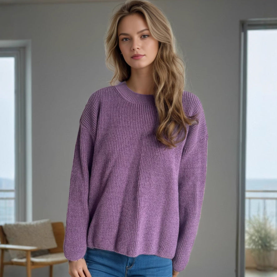 Autumn Winter round Neck Loose Casual Women Pullover Solid Color Thick Warm Long Sleeves Knitted Sweater