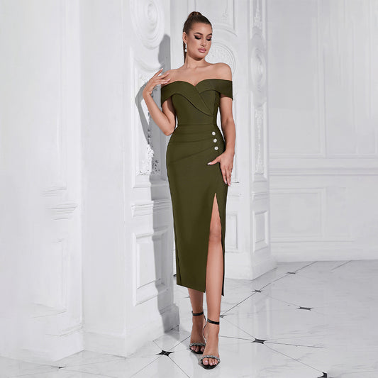 Heart Liver off Shoulder Tube Top Dress Side Slit Midi Dress Bandage Dinner Dress