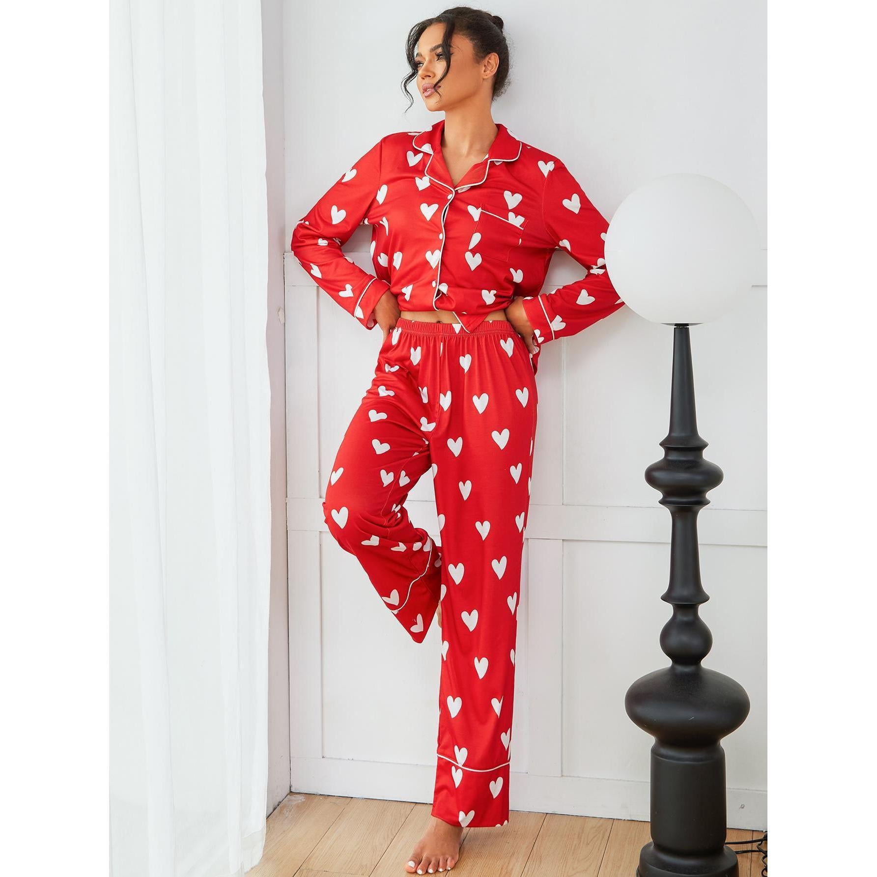 Women Pajamas Autumn Winter Heart Printing Long Sleeved Shirt Trousers Two Piece Home Wear