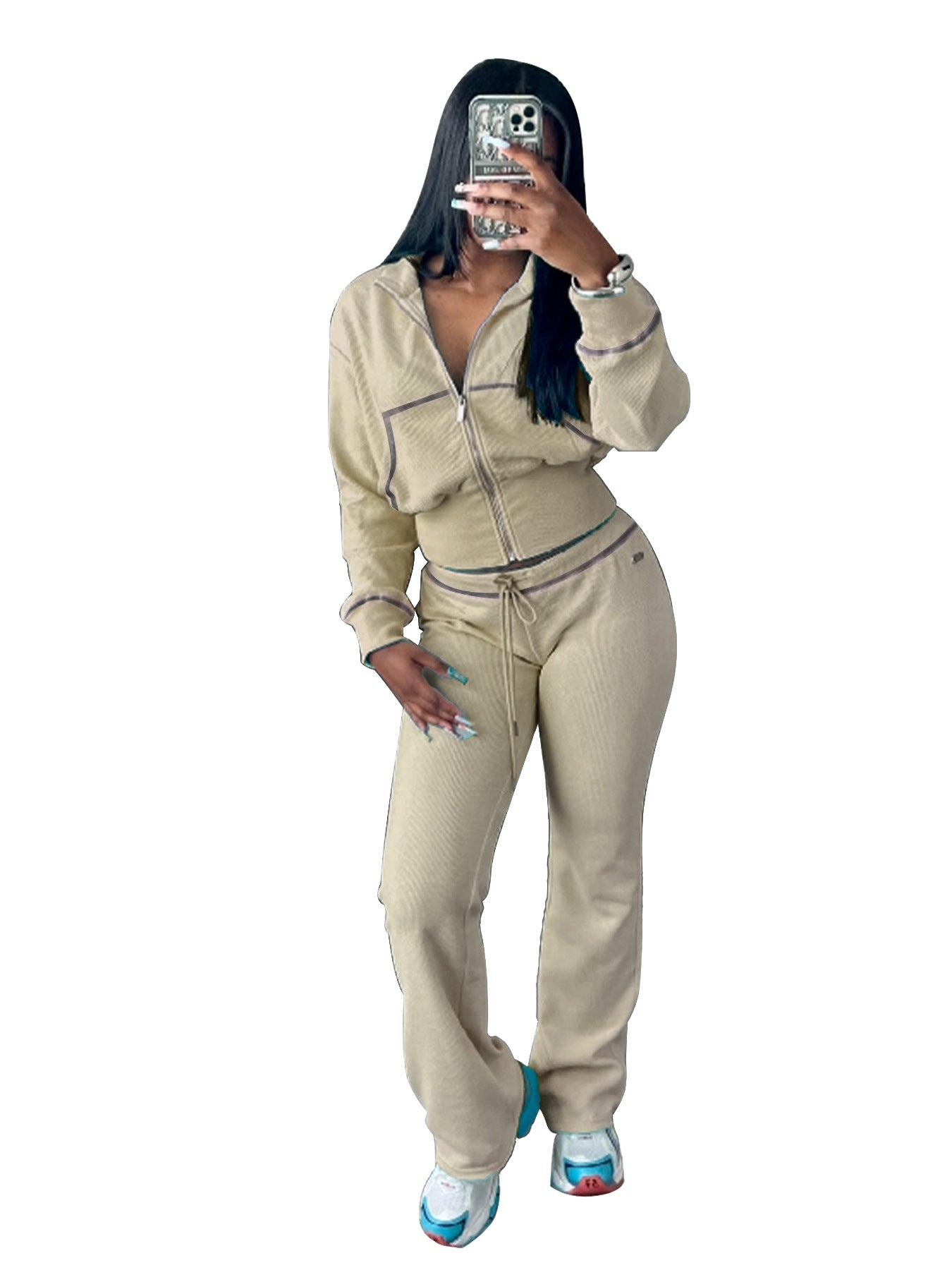 Casual Women Wear Waffle Waist Controlled Long Sleeves Two Piece Sets Khaki