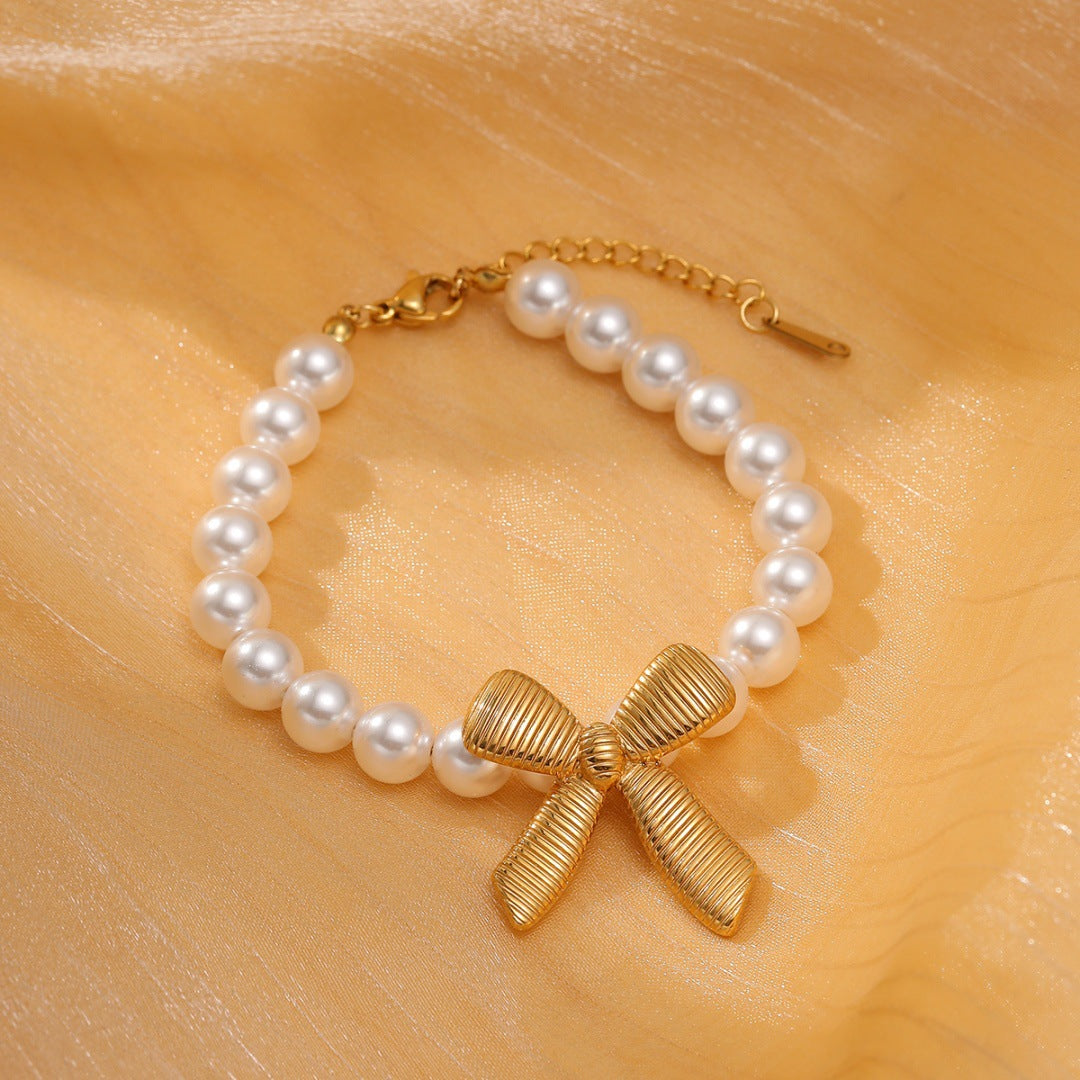 Elegant Titanium Steel Bow Pearl Bracelet Women Arrival 18K Vacuum Gold Plated Stainless Steel Bracelet