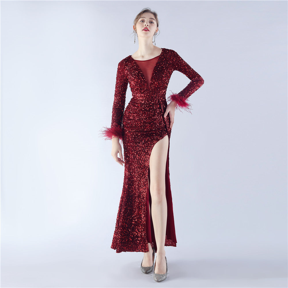 Handmade Sequin Craft Order Ostrich Feather Long Sleeve Evening Dress Deep Red