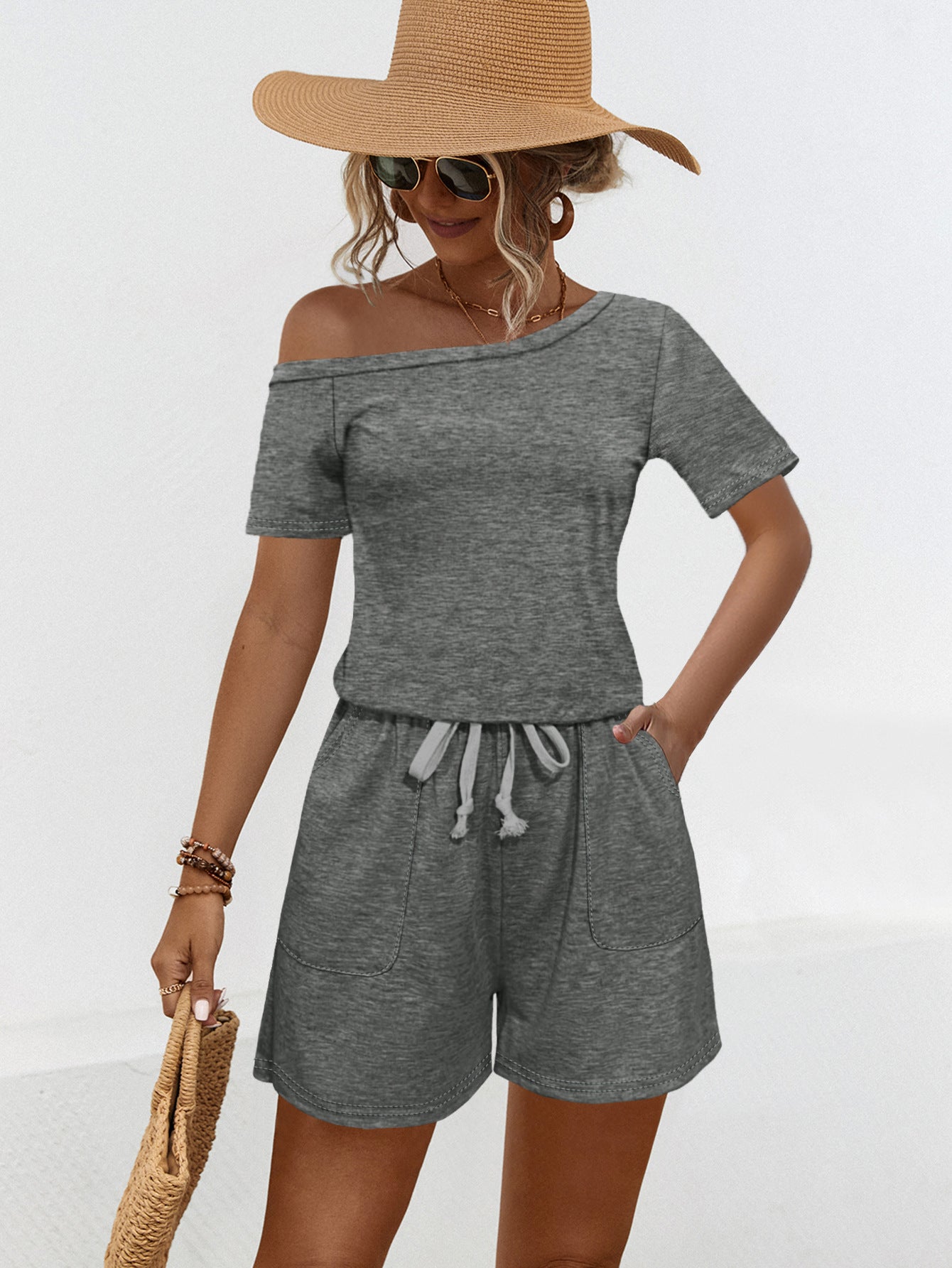 Off Shoulder Short Sleeve Pocket Lace Up Sloping Shoulder Off The Shoulder Jumpsuit Shorts Gray