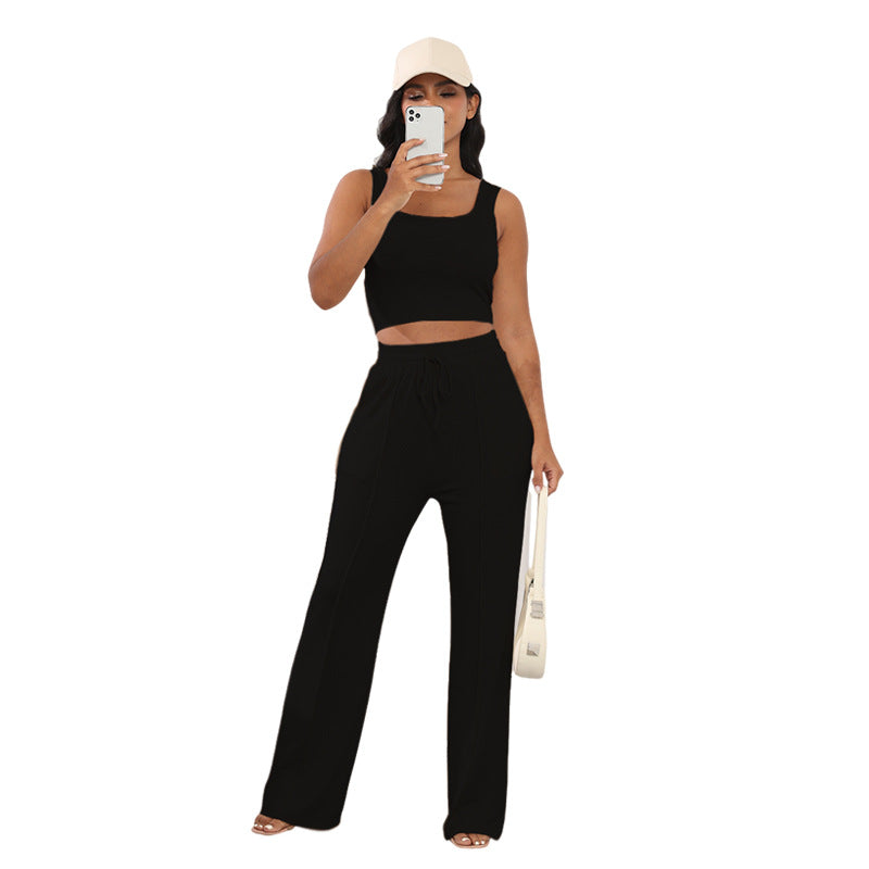 Summer Thread Knitted Sleeveless Cropped Top Women Two Piece High Waist Wide Leg Pants Suit Black