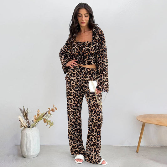 Autumn Leopard Print Tube Top Cardigan Long Sleeve Pants Pajamas Suit Casual Comfortable Women Homewear