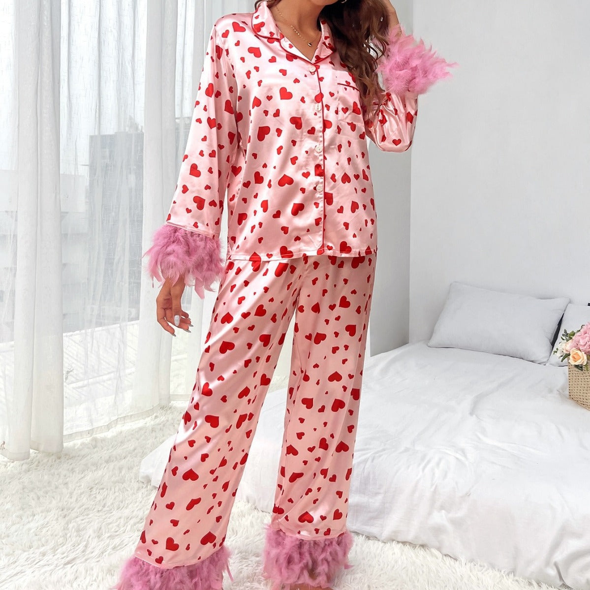 Spring Women Clothing Valentine Day Sweet Loving Heart Printed Casual Sets Pajamas