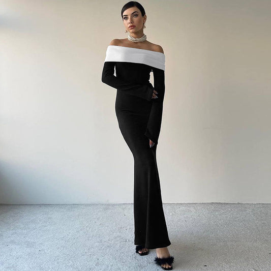 Women Clothing Autumn Winter Contrast Color off Shoulder Long Sleeve Waist Slimming Maxi Dress