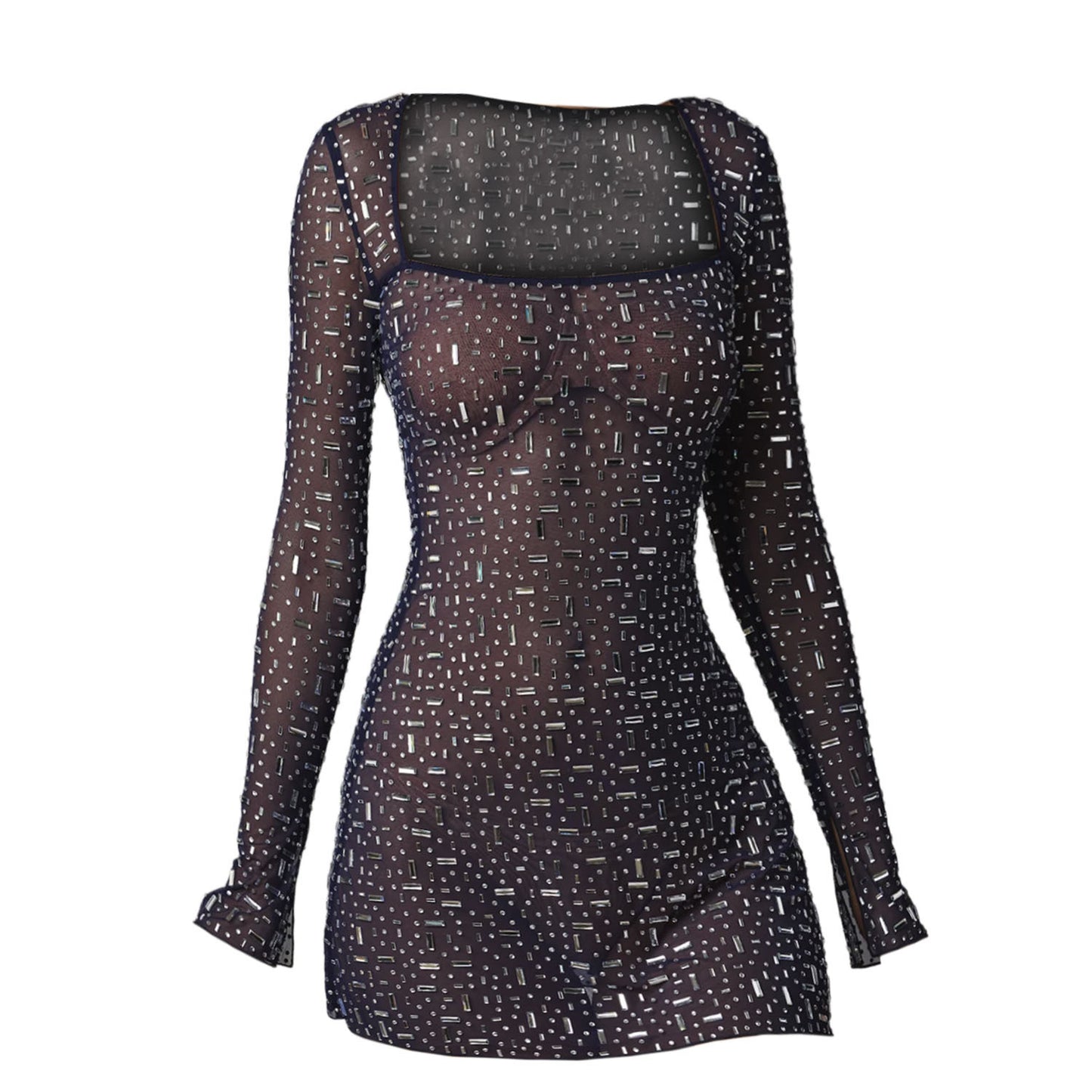 Best Women Clothes Sequined Rhinestone Sexy Semi See through Long Sleeve Short Dress Royal Blue