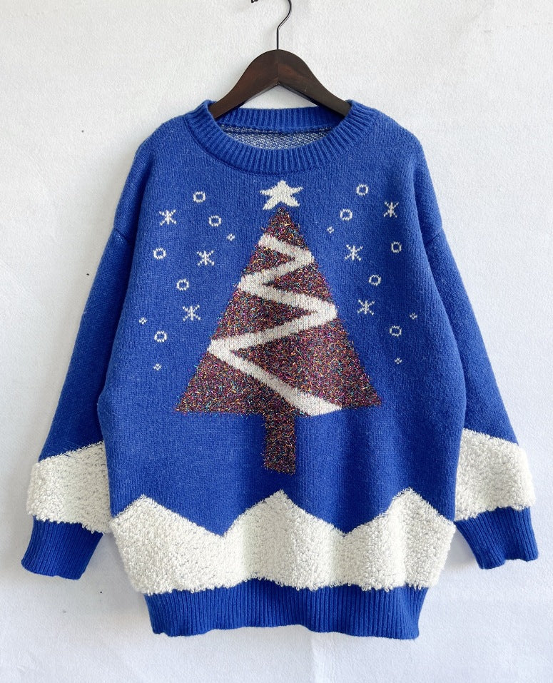 Autumn Winter Christmas Sweater Christmas Tree Gold Line Flocking round Neck Long Sleeve Loose Knitted Pullover Blue