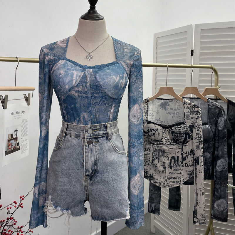 Popular Square Collar Lace Stitching Tie Dyed Mesh Long Sleeve Tight Sexy Short Top with Chest Pad One Size Flower Blue