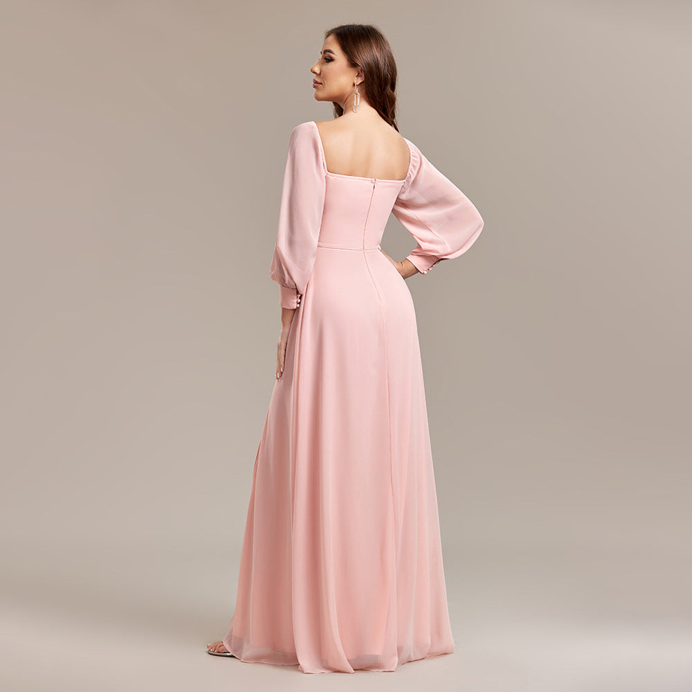 Women Multiple Wear Elegant Tube Top Elastic Long Sleeve Back Zipper High Slit Formal Dress A line Chiffon Dress