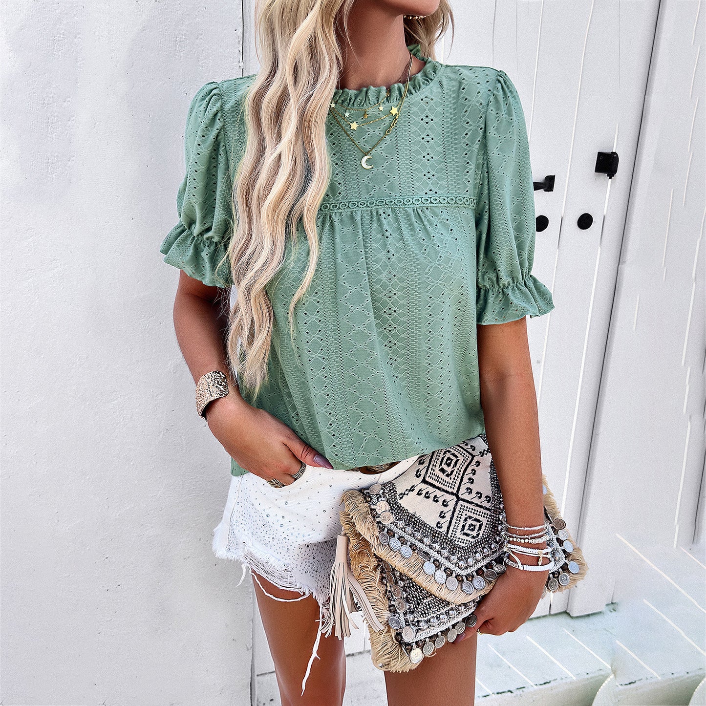 Women Clothing T shirt Chic Spring Summer Casual Solid Color Short Sleeve Hollow Out Cutout Top