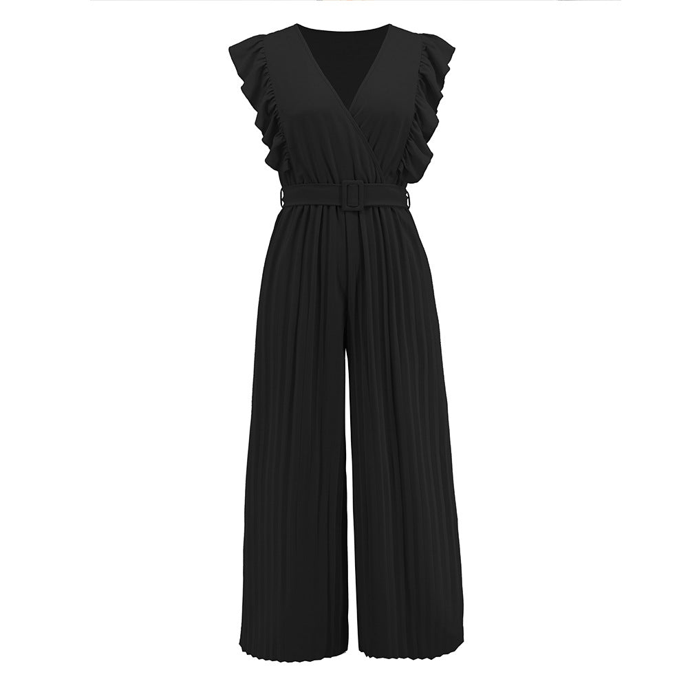 Sexy Slim Jumpsuit High Waist Sleeveless Lotus Leaf V neck Pleated Wide Leg Skort Women Black