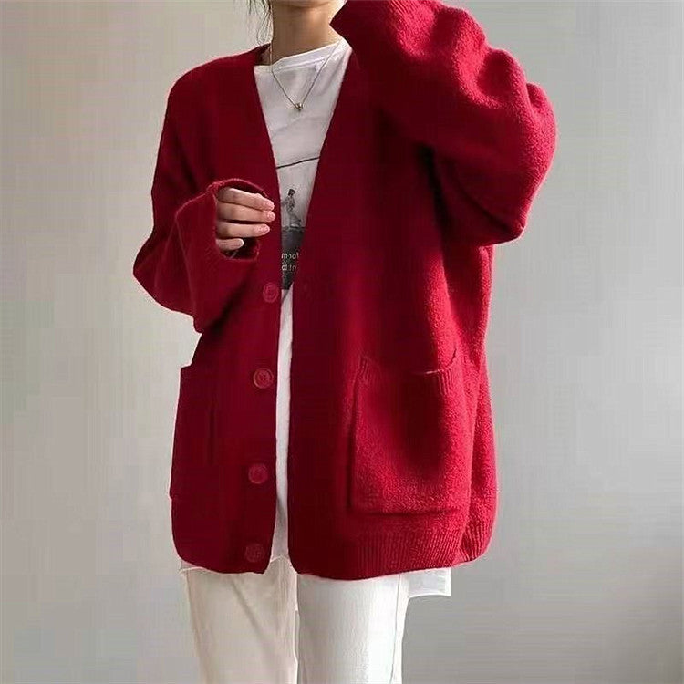 Sweater Cardigan Long Sleeve Women Coat College Sweet for Schools Autumn Winter Sweater Women One Size Red