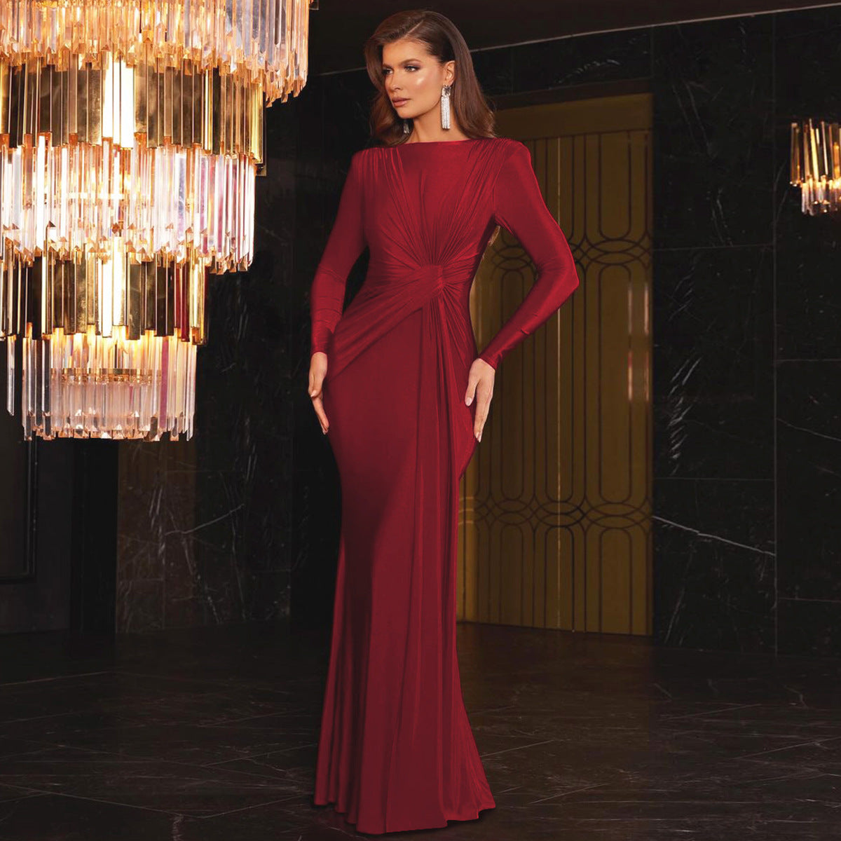 Women Evening Dress Autumn Slim Fit Round Neck Long Sleeves Dress Red