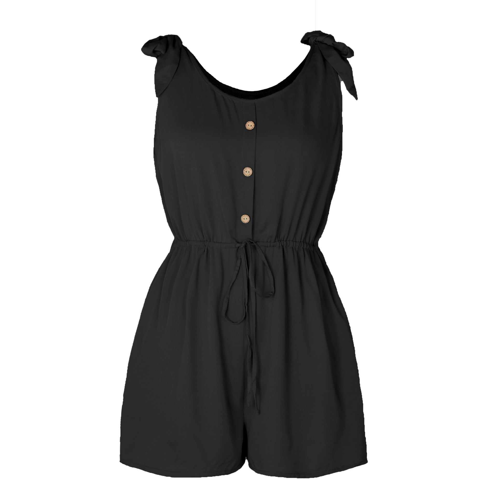 Women Coconut Buckle Sleeveless Jumpsuit Lace up Solid Color Elastic Waist Suspenders Loose Bodysuit Black