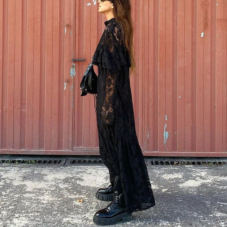 Sexy Lace Maxi Dress Pattern Design Hollow Out Cutout out See through round Neck Long Sleeve A line Dress for Women