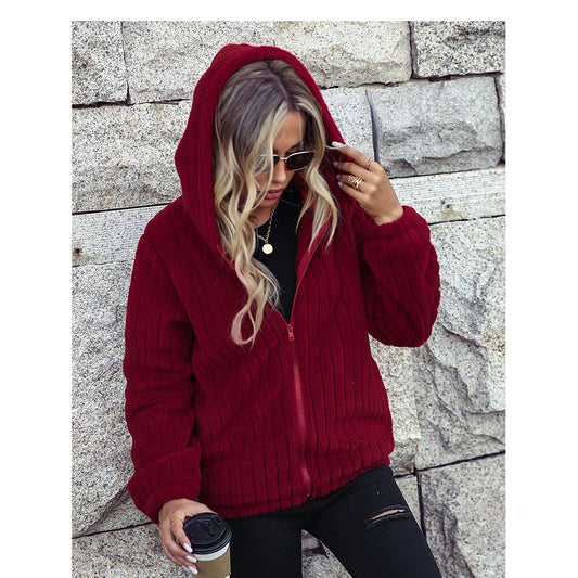 Autumn Winter Women Hooded Long Sleeve Loose Sunken Stripe Zipper Plush Casual Jacket