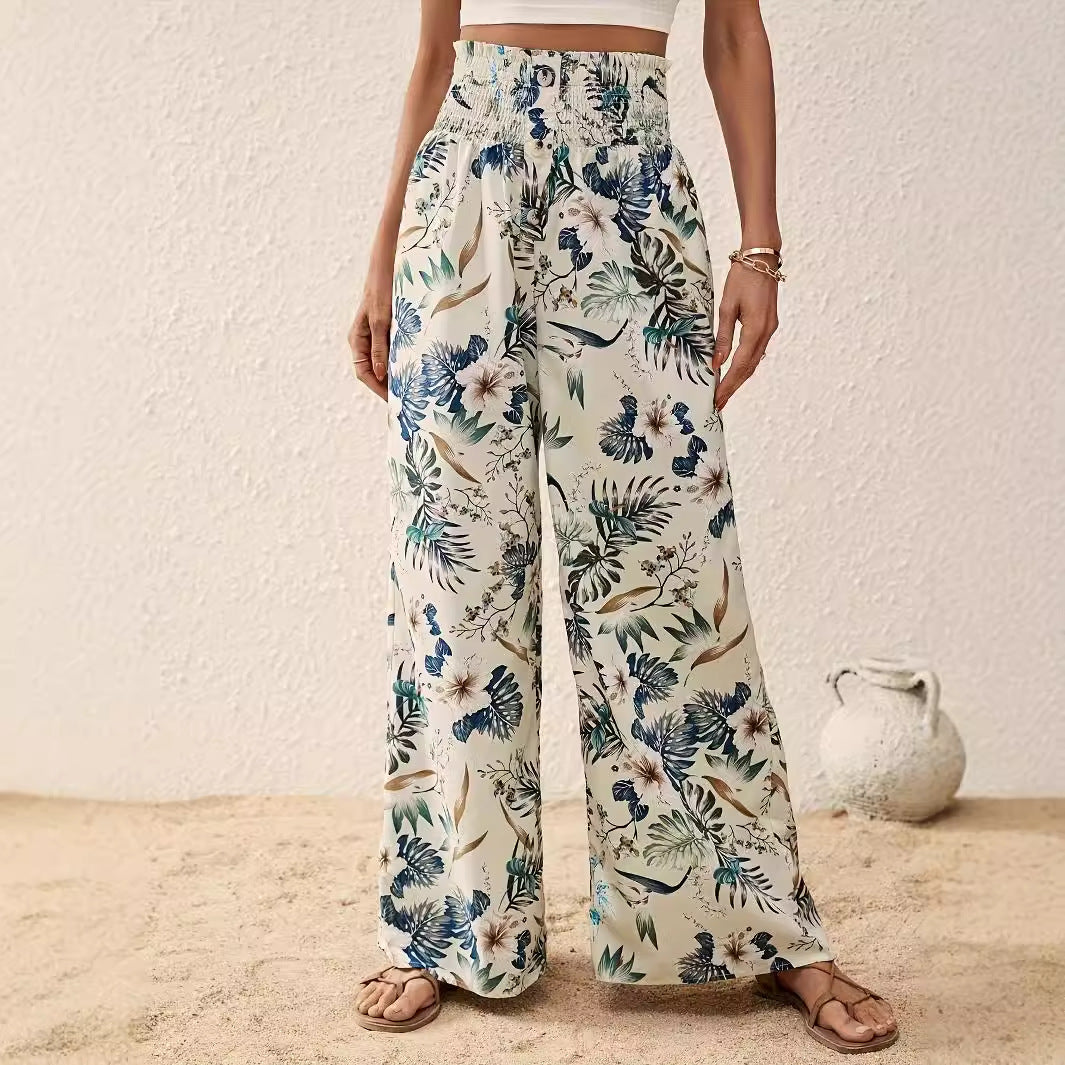 Women Clothing Spring Autumn Summer Printed Casual Comfortable Elegant Elastic Waist Wide Leg Pants