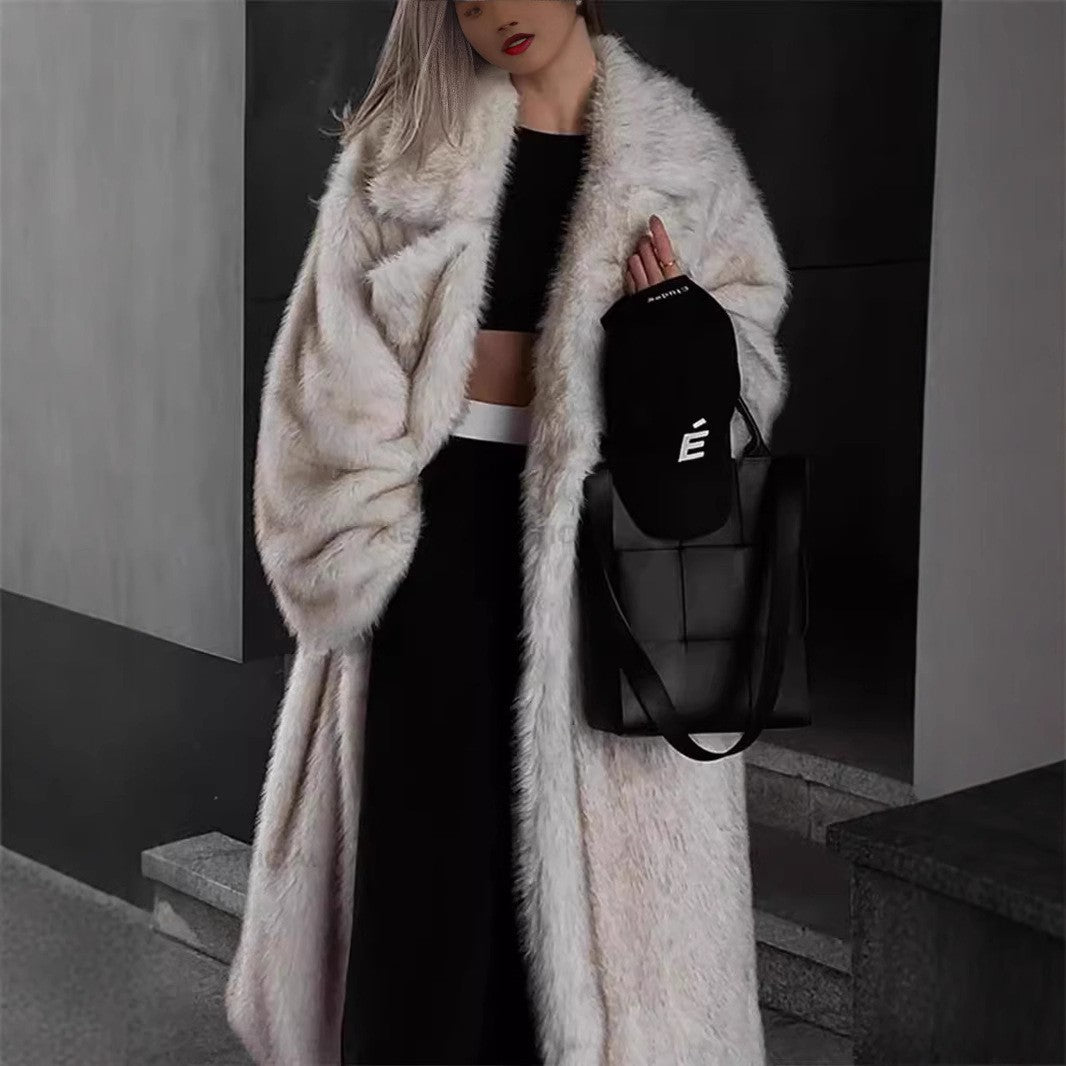 Faux Fur Coat Women Loose Collar Extended Fox Fur Coat Street Environmentally Friendly Fur White Background Coffee