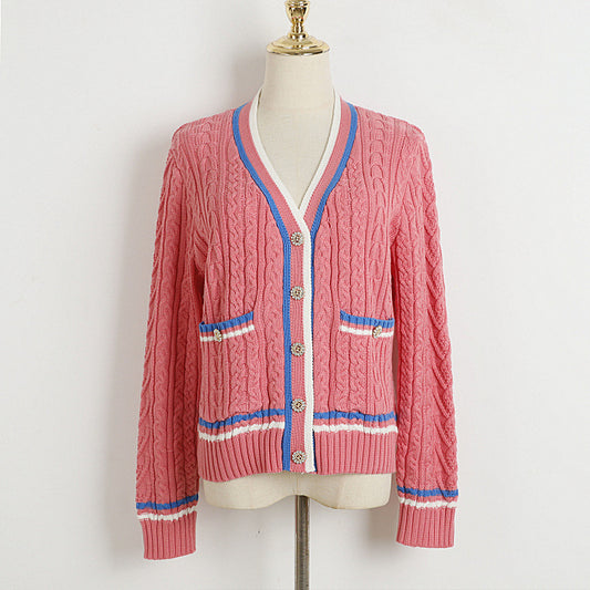 Sweater Pink Blue Stitching Double Pocket Decoration V neck Single Breasted Knitted Cardigan