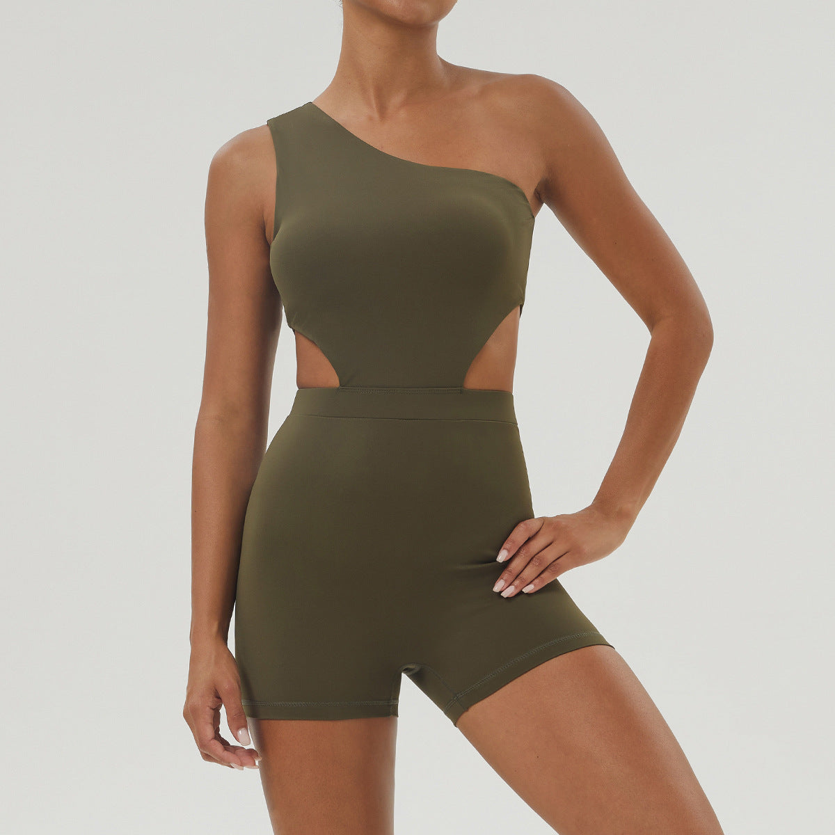 Slant Shoulder Sexy Yoga Jumpsuit Body Shaping Slim Looking Sports Shorts Jumpsuit Indoor Training Workout Clothes Brown Green