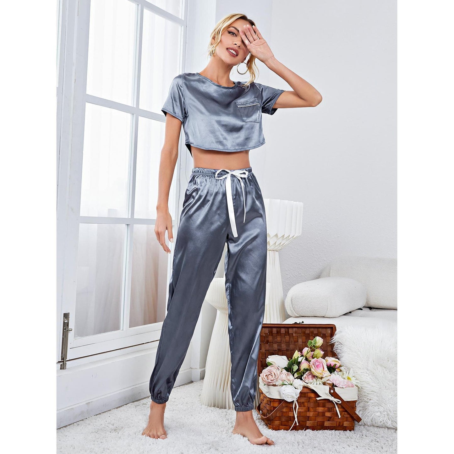 Pajamas Women Spring Autumn Artificial Silk Short Top Long Pajama Pants Home Wear Suit