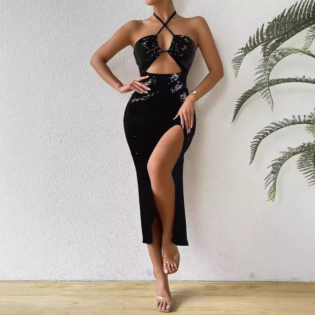 Women Strap Halter Slit Slim Fitting Sequ Dress