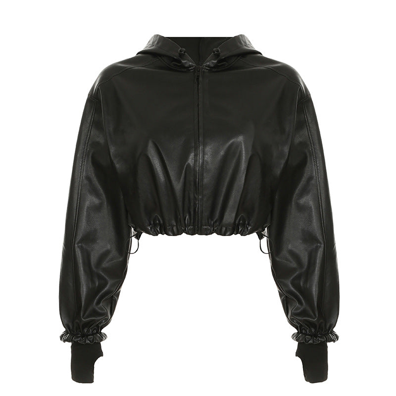 Locomotive Hooded Loose Zipper Leather Jacket Sexy Street Elastic Waisted Cropped Jacket